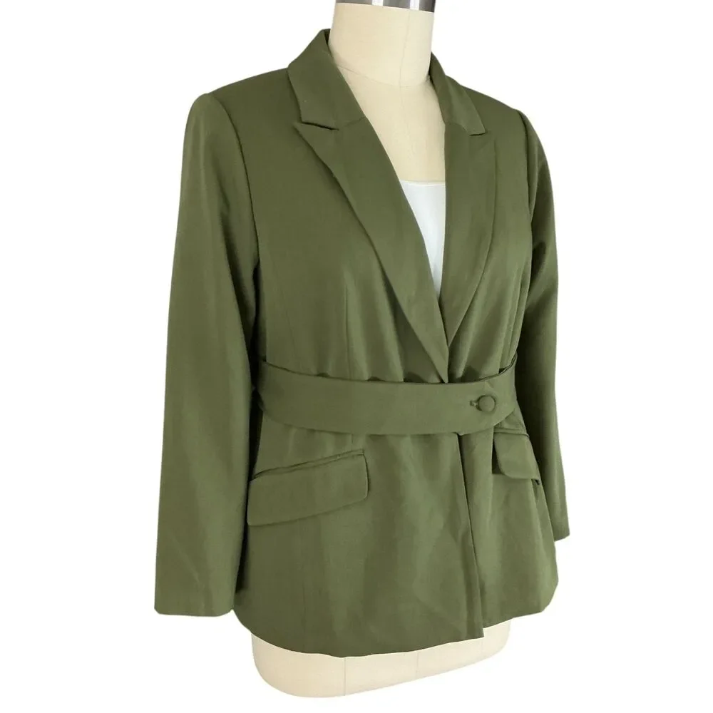 Eloquii Blazer Jacket sz 18 Army Green Belt Detail Peak Lapel Office Preppy NWT - Picture 7 of 12